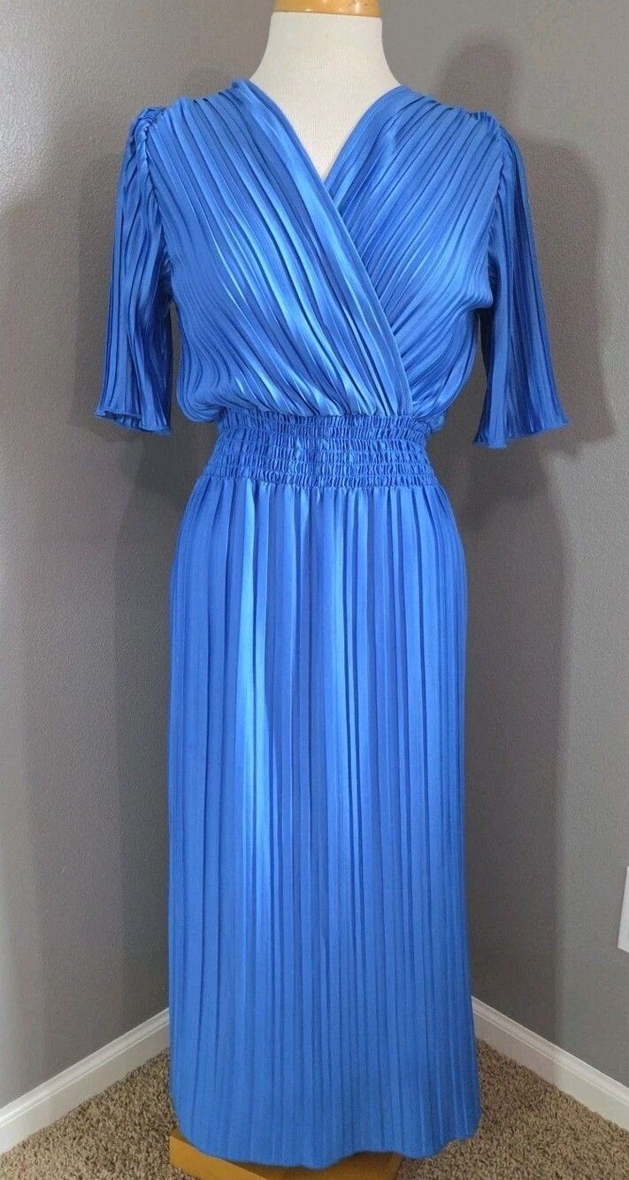 NWT DKNY | Size 6 | Smocked Pleated Jersey Midi Dress Blue V-Neck MSRP $129